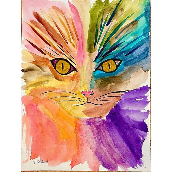 Hand Crafted Other - Hand painted watercolor original painting rainbow tie dye cat